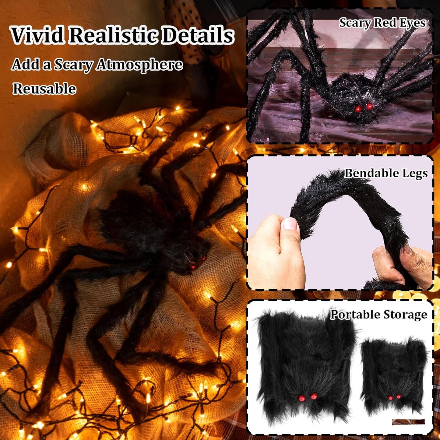 Halloween Giant Spider Decorations Indoor Outdoor Realistic Halloween Spider 3 Pack Sets with 250Sqft Spider Webs and 20 Fake Mini Spiders, Scary Hairy Spiders Props Yard Creepy Décor