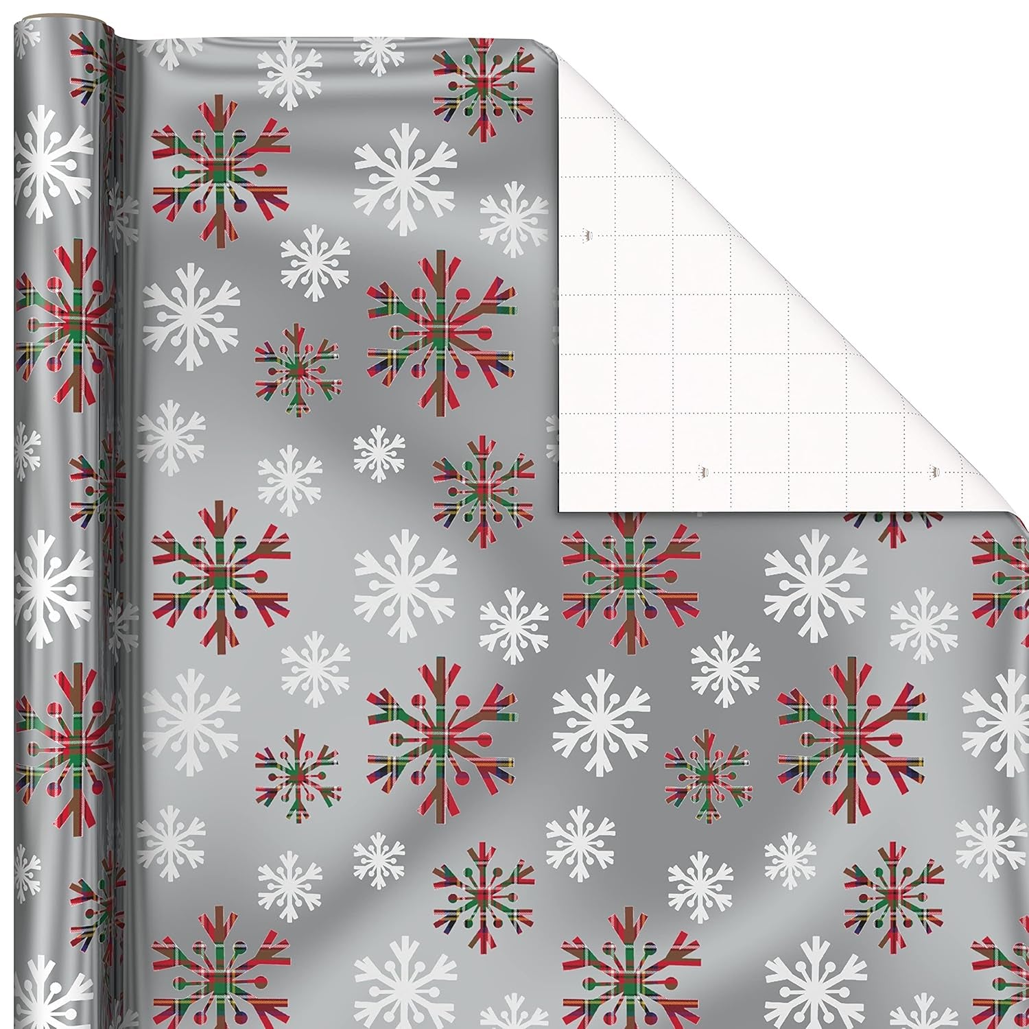 Foil Christmas Wrapping Paper with Cut Lines on Reverse (3 Rolls: 60 Sq. Ft. Ttl) Plaid Snowflakes, Snowmen, Tartan Plaid