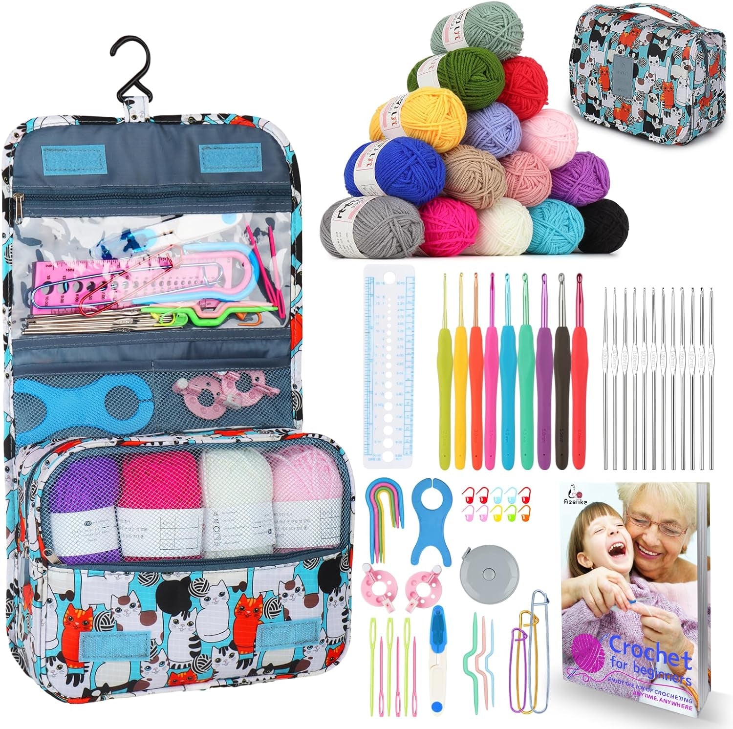 Crochet Kit for Beginners Adults, Crochet Kits Include Yarn, 59Pcs Crochet Starter Kit for Beginners Kids,Ergonomic Crochet Hooks 2.0-6.0 Mm, Lace Steel Needles 0.6-1.9 Mm