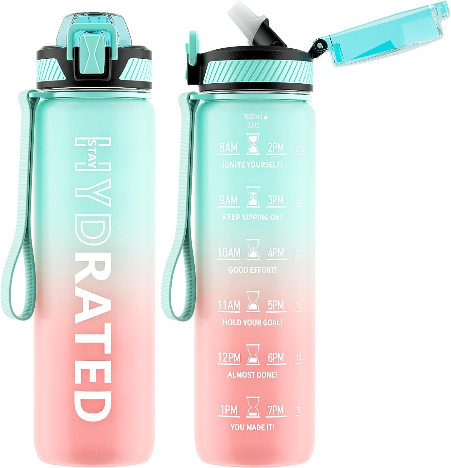 Water Bottle with Straw, 32 Oz Motivational Water Bottles with Time Marker to Drink, Tritan BPA Free, 1L Sports Water Bottle with Carry Strap Leakproof for Men Gym Fitness Outdoor (1 Pack)