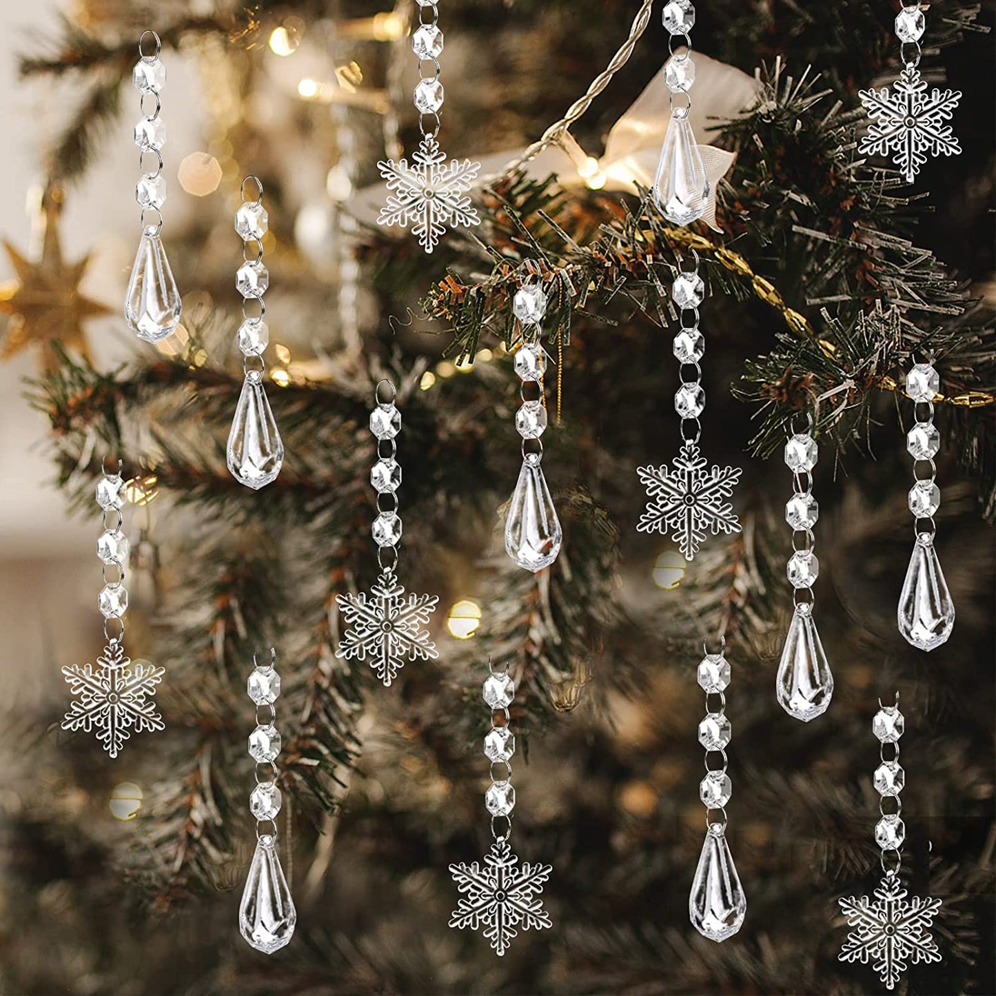 56PCS Christmas Snowflakes Crystal Decorations Winter Blue Snowflakes Christmas Tree Icicle Drops Ornaments Hanging Chandelier Pendants Beads for Xmas Winter New Year Wedding Party Decor