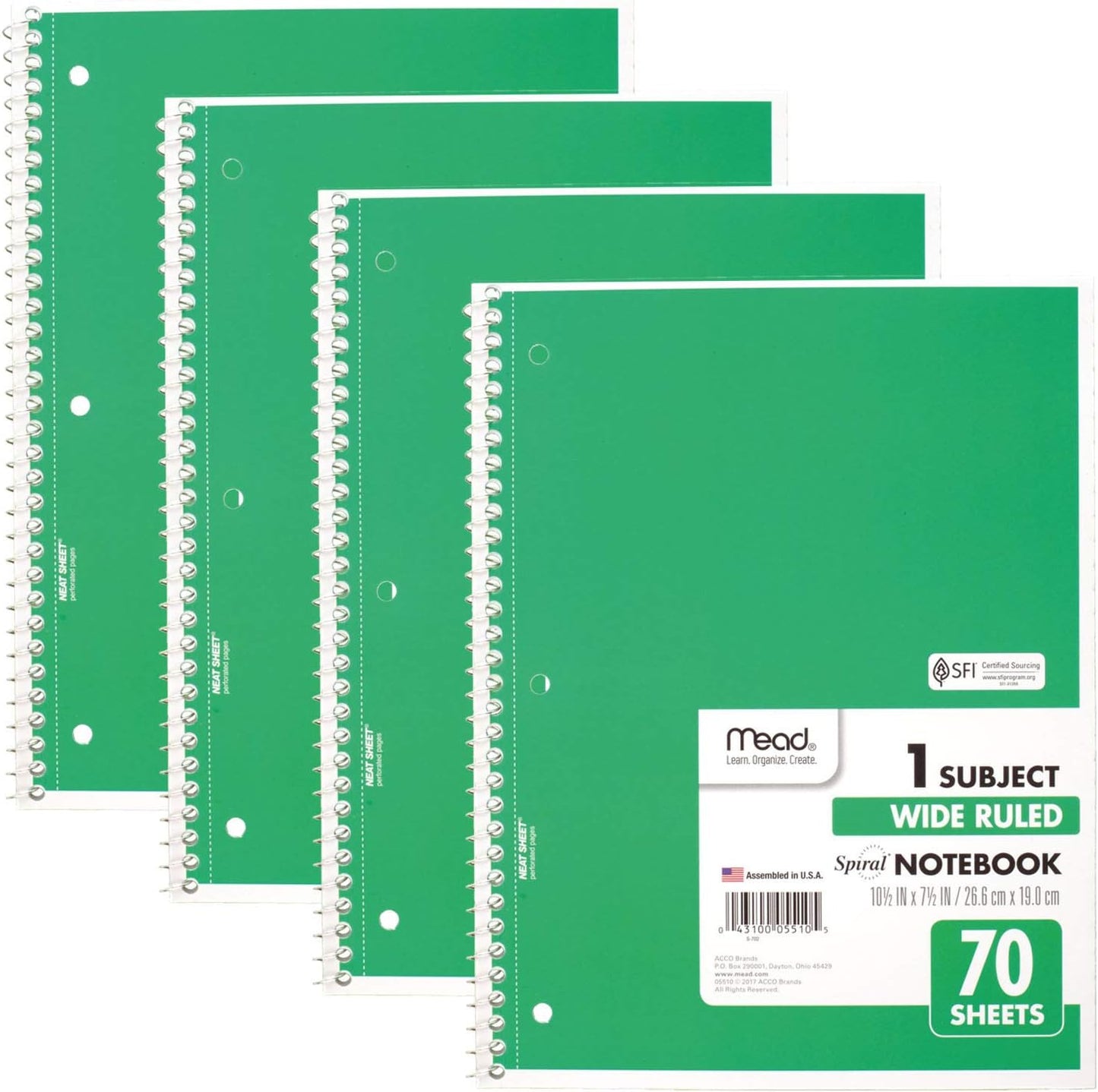 Spiral Notebook, 4 Pack, 1-Subject, Wide Ruled Paper, 7-1/2" X 10-1/2", 70 Sheets per Notebook, Colors Will Vary (72873)