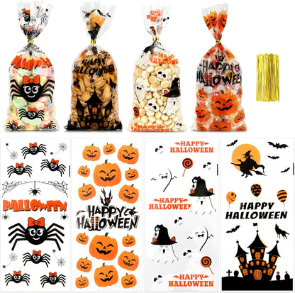 Halloween Treat Bags, Halloween Cellophane Treat Bags, 60 PCS Halloween Candy Bags, Halloween Goodie Bags with Twist Ties, 4 Styles Small Halloween Gifts Bags for Trick or Treat Party Favors Supplies