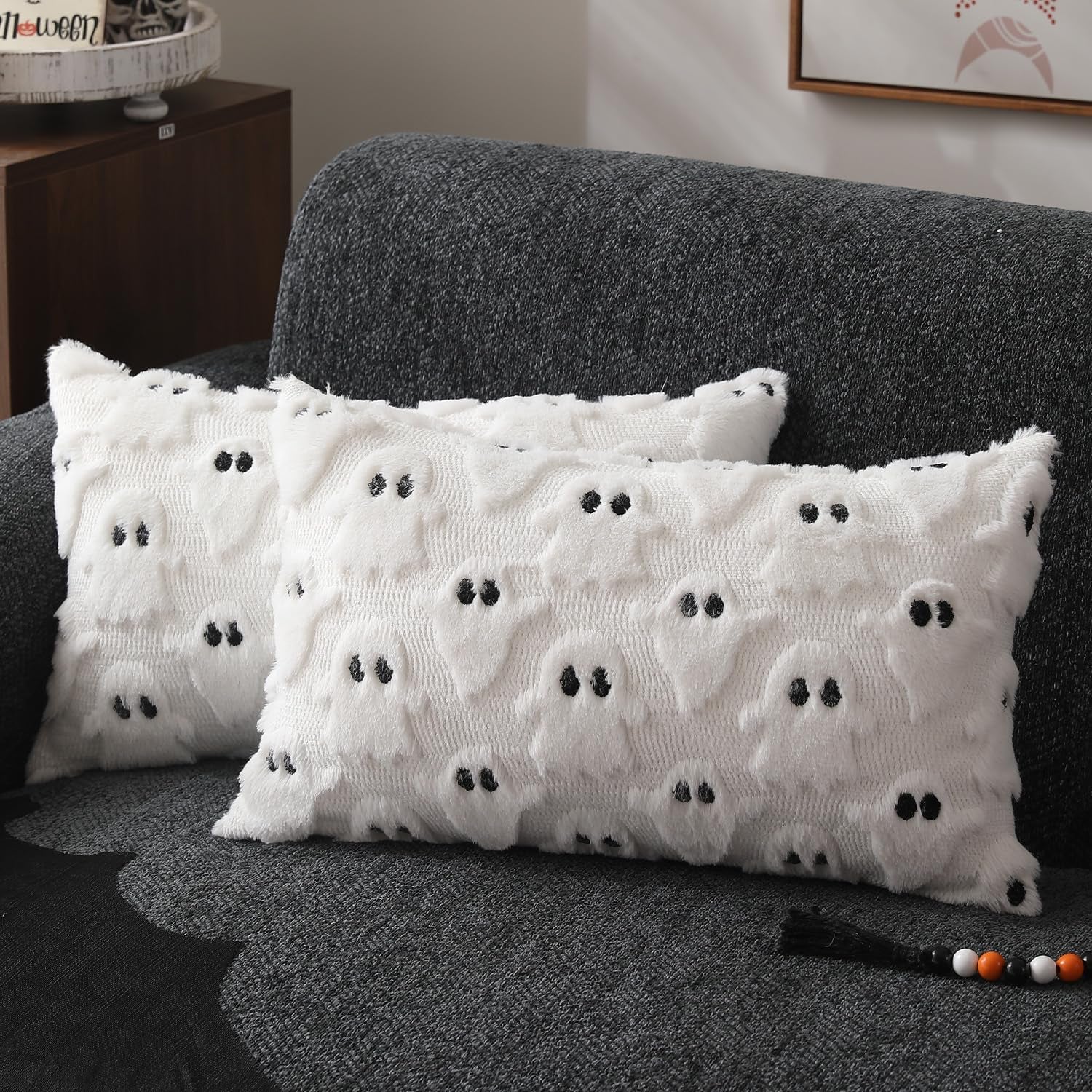 Halloween Pillow Covers 12X20 Inch Set of 2 White Ghost Throw Pillow Cases Soft Plush Faux Fur Wool Couch Cushion Case for Chair Sofa Bedroom Living Room Home Decor PTK03A12