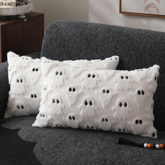 Halloween Pillow Covers 12X20 Inch Set of 2 White Ghost Throw Pillow Cases Soft Plush Faux Fur Wool Couch Cushion Case for Chair Sofa Bedroom Living Room Home Decor PTK03A12