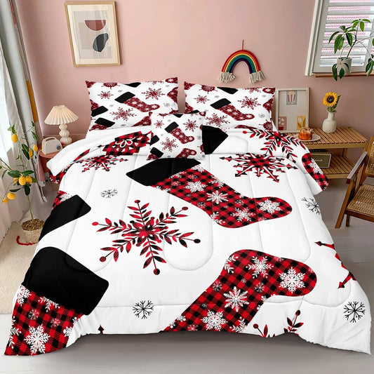 Christmas Comforter Set Xmas Comforter King Size Red Buffalo Check Plaid Design Snowflake and Christmas Socks Printed Girls Boys Christmas Bedding Set with 1 Cushion Cover (King,Red)