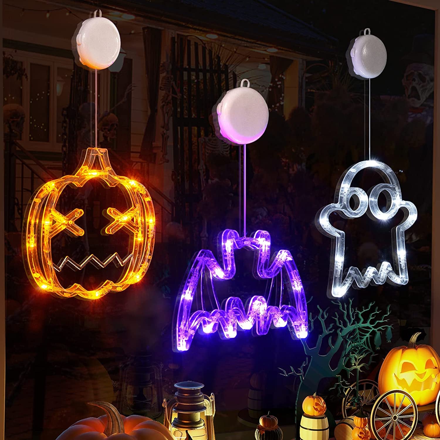 Halloween Decorations  Orange Pumpkin, White Ghost, Purple Bat Halloween Window Lights with Suction Cup, Battery Operated Halloween Lights, Upgrade Slow Fade Mode and Timer Function