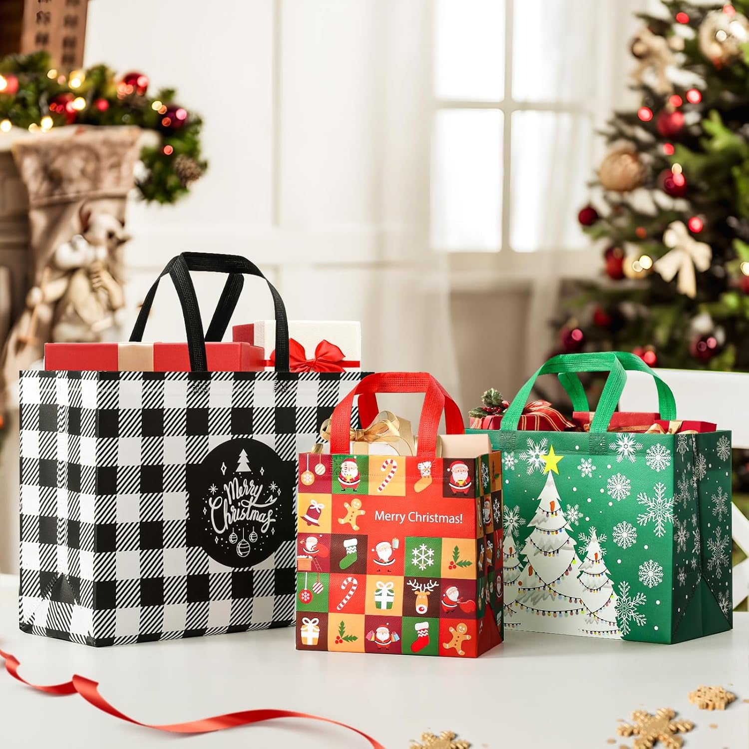 20 Pack Christmas Gift Bags Assorted Sizes, Reusable Tote Bags with Handle, Includes 4 Large 8 Medium 8 Small Non-Woven Christmas Bags for Xmas Party Favors