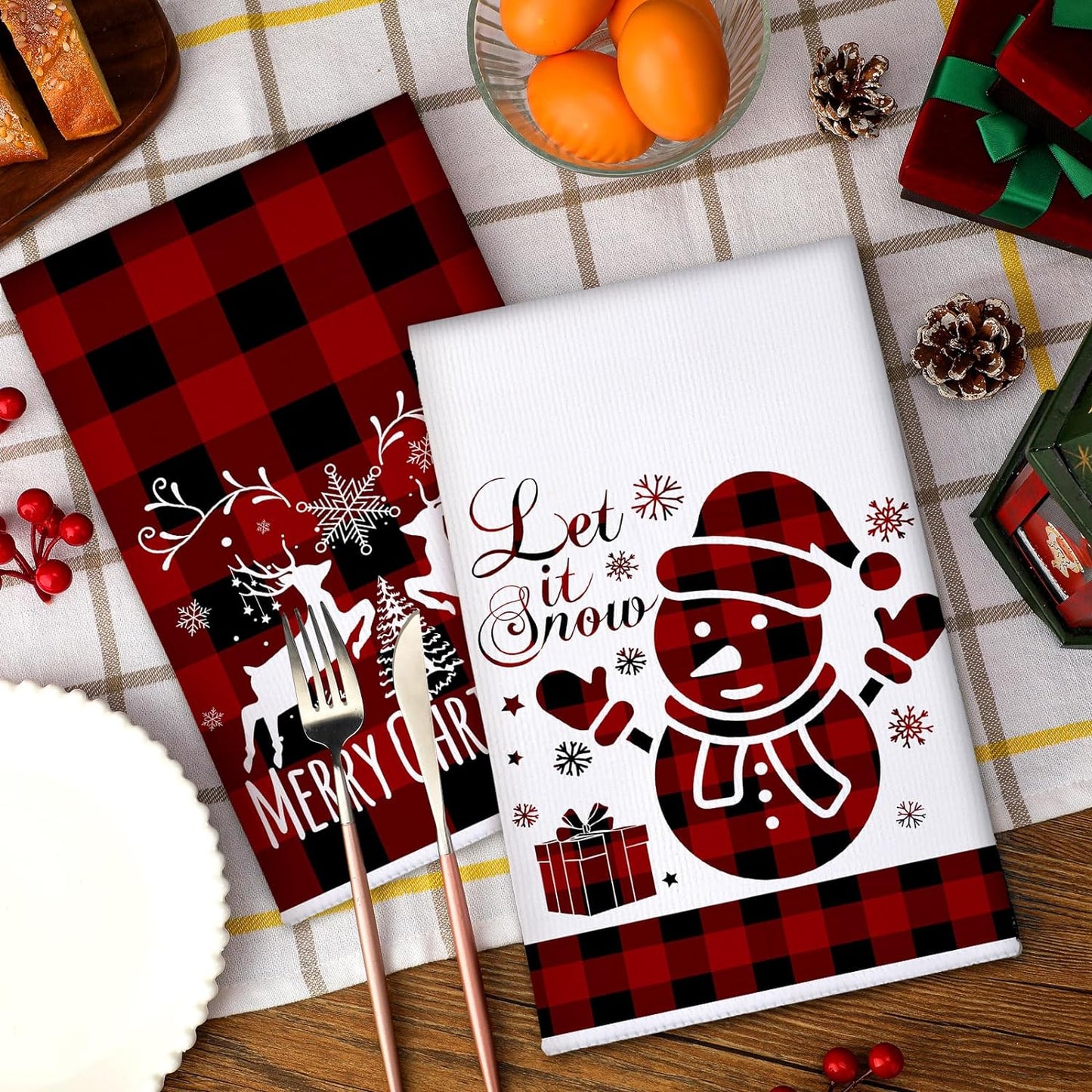 6 Pcs Christmas Kitchen Towels Buffalo Check Plaid Dish Towels Winter Truck Hand Towels Farmhouse Tea Towels Housewarming Gifts Christmas Decoration for Kitchen Holiday Xmas (Red, Black)