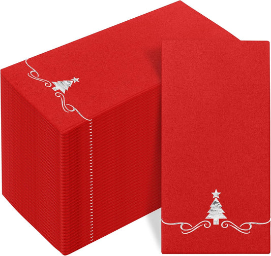 100 Pack Christmas Disposable Guest Napkins 12 X 17 Inch Silver Foil Christmas Trees Napkins Xmas Tree Hand Towels for Bathroom Kitchen Weddings Christmas Holiday Party, Red