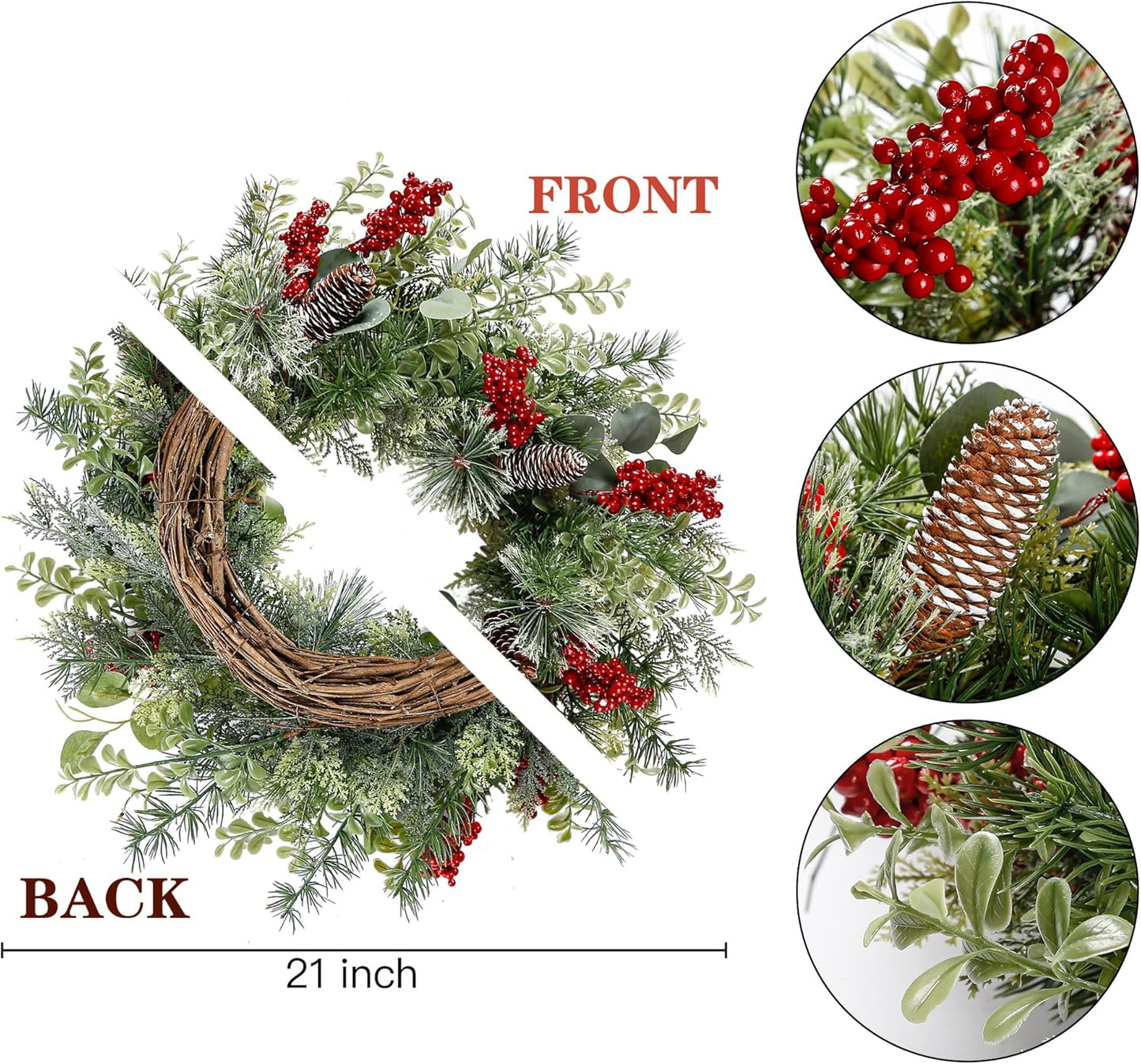 21 Inch Artificial Christmas Wreath for Front Door Xmas Red Berry Wreath with Pine Needles Pine Cones Eucalyptus Leaves Christmas Hanging Decorations for Wall Outdoor Home Window Decor