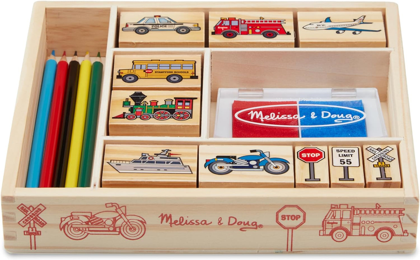 Wooden Stamp Set: Vehicles - 10 Stamps, 5 Colored Pencils, 2-Color Stamp Pad