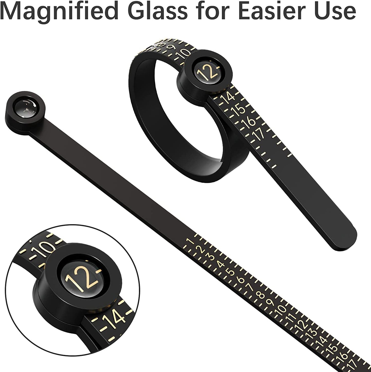Ring Sizer 1-17  Measuring Tool with Magnified Glass, Reusable Finger Size Gauge Jewelry Sizing Tool USA Rings Size (Black Sizer Gold Scale)