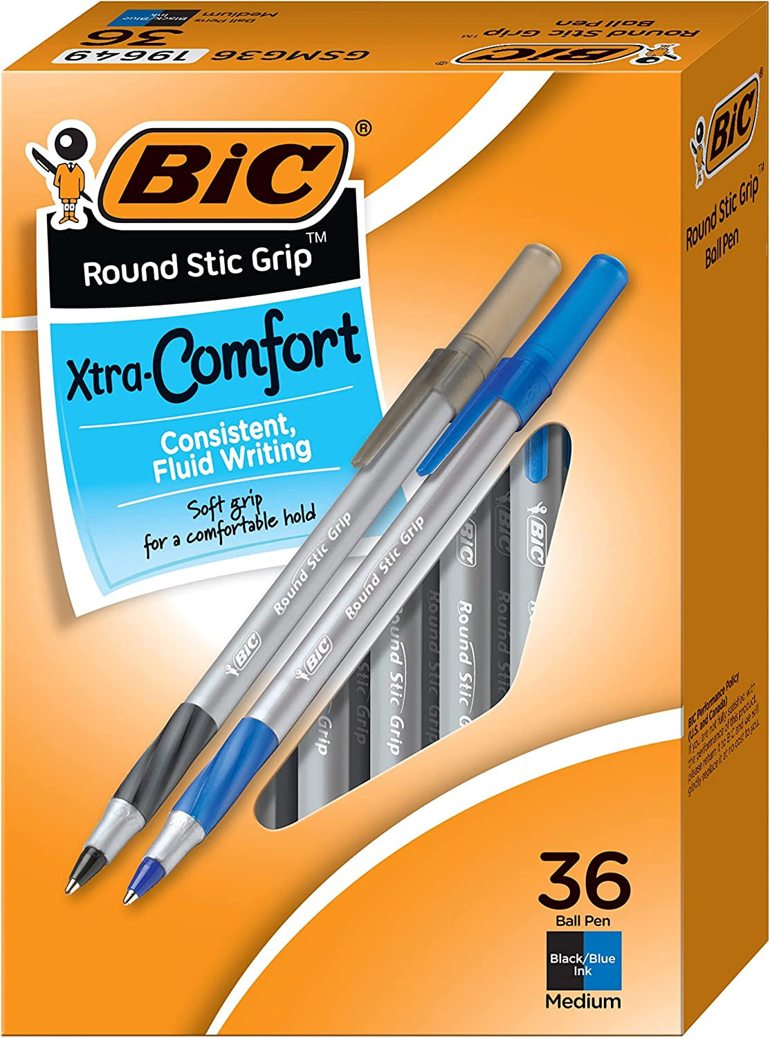 round Stic Grip Xtra Comfort Assorted Colors Ballpoint Pens, Medium Point (1.2Mm), 36-Count Pack, Perfect Writing Pens with Soft Grip for Superb Comfort and Control