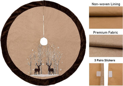 Rustic Deer Tree Skirt 48 Inch with Super Soft Brown Faux Fur Border, Classic Reindeer in Snowy Woodland Country Christmas Tree Skirt 48 Inches