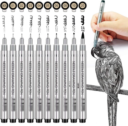 Micro-Pen Fineliner Ink Pens, 10 Size Black Micro Fine Point Drawing Pens Waterproof Archival Ink Multiliner Pens for Artist Illustration, Sketching, Technical Drawing, Anime, Manga