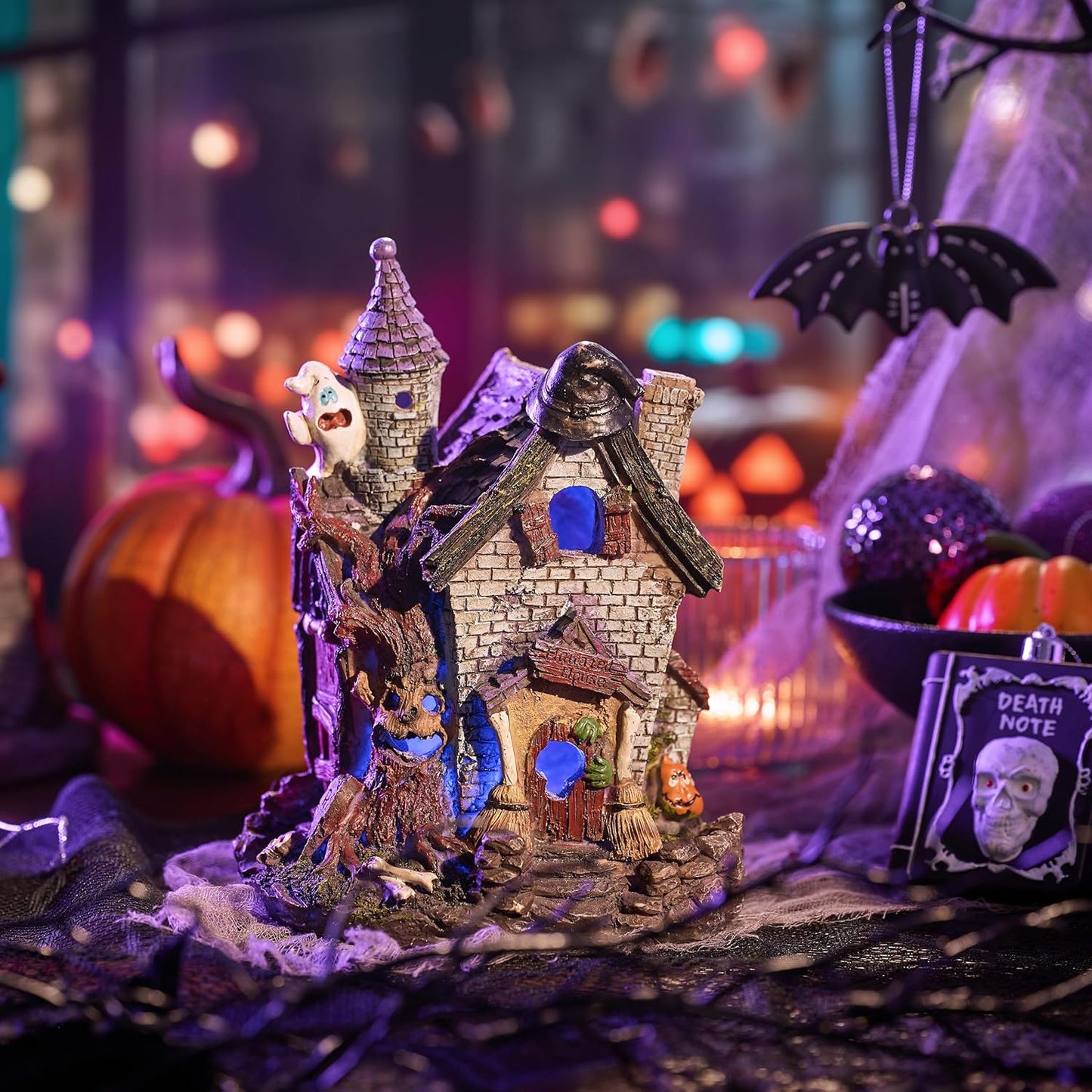 Halloween House Statue Figurine with Witch'S Hat Pumpkin for Halloween Decorations, Pre-Lit 7.8 Inch Lighted Halloween Resin Village Haunted Church for Table Indoor Outdoor Party Decor