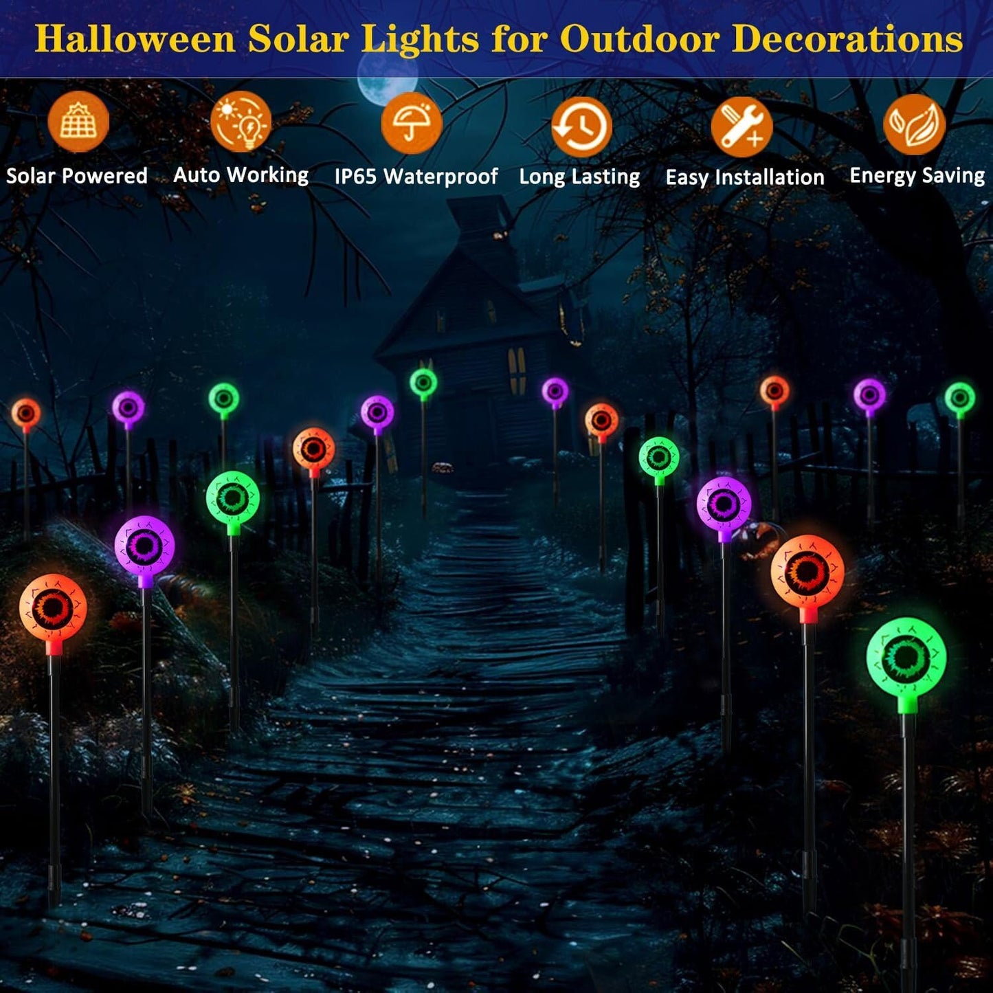 Outdoor Halloween Decorations Set of 6 Solar Garden Lights, Scary Eyeball Solar Landscape Pathway Stake Lights, 8 Modes Waterproof Halloween Lights for Halloween Party Home Yard Patio Decorations