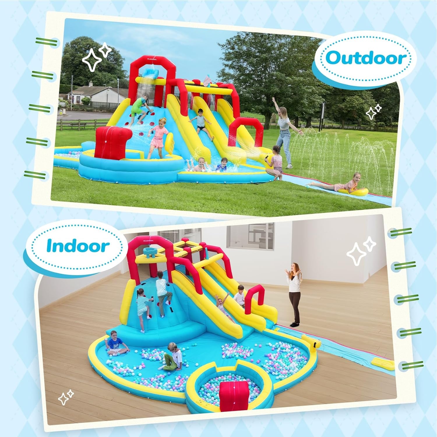XL Inflatable Water Slides for Kids Backyard,Giant Water Park with Long Slip Splash and Slide,Double Slides for Kids and Adults with 750W Blower,Climbing Wall,Deep Pool,Water Canon for Outdoor
