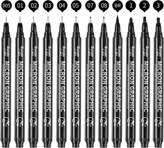 12 Size Black Micro-Pen Fineliner Ink Pens, Waterproof Archival Ink Fine Point Micro Drawing Pens for Art Watercolor, Sketching, Multiliner, Anime