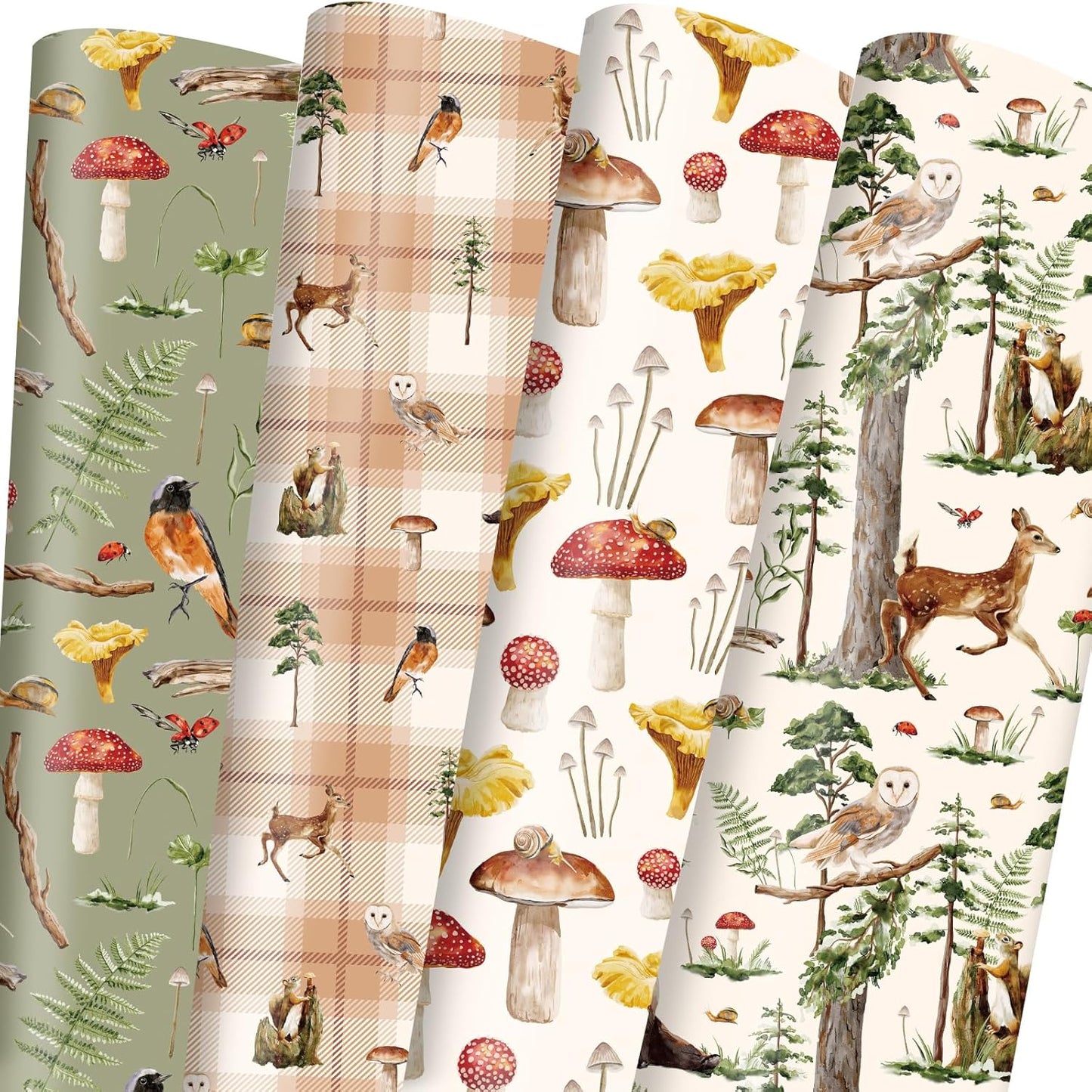 Woodland Wrapping Paper 4 Forest Style Gift Wrap Paper Bulk Mushroom Woodland Animals Folded Flat for Christmas Holiday Party Celebration - 20 X 28Inches per Sheet(8 Pack)