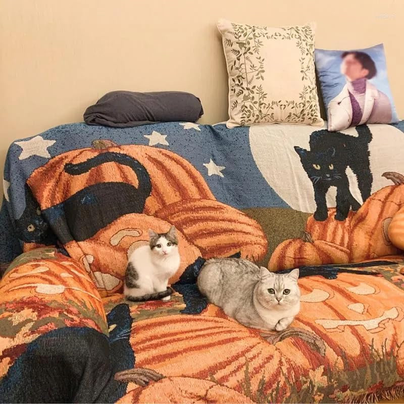 Vintage Halloween Blanket Cat Blanket Sofa Throw Blanket Chair Sofa Couch Bed Cover Fit Home Cozy Knit Blankets