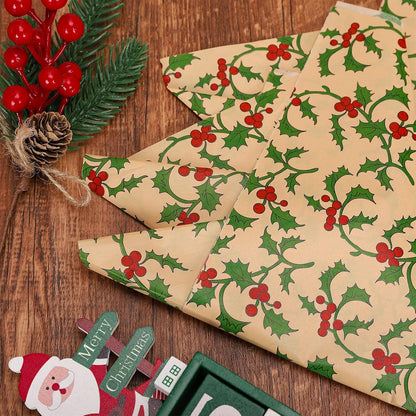 100 Sheets Christmas Tissue Paper Xmas Holy Leaves Red Berries Printed Gift Wrapping Paper Rustic Kraft Art Tissue Paper for Christmas DIY Crafts Gift Bags Winter Party Decor, 13.8 X 19.7"