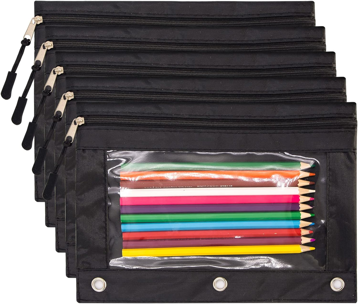 Binder Pencil Pouches, Pencil Pouch 3 Ring with Zipper Pulls, Clear Window Pencil Case with Rivet Enforced 3 Ring, Black 5 Pack