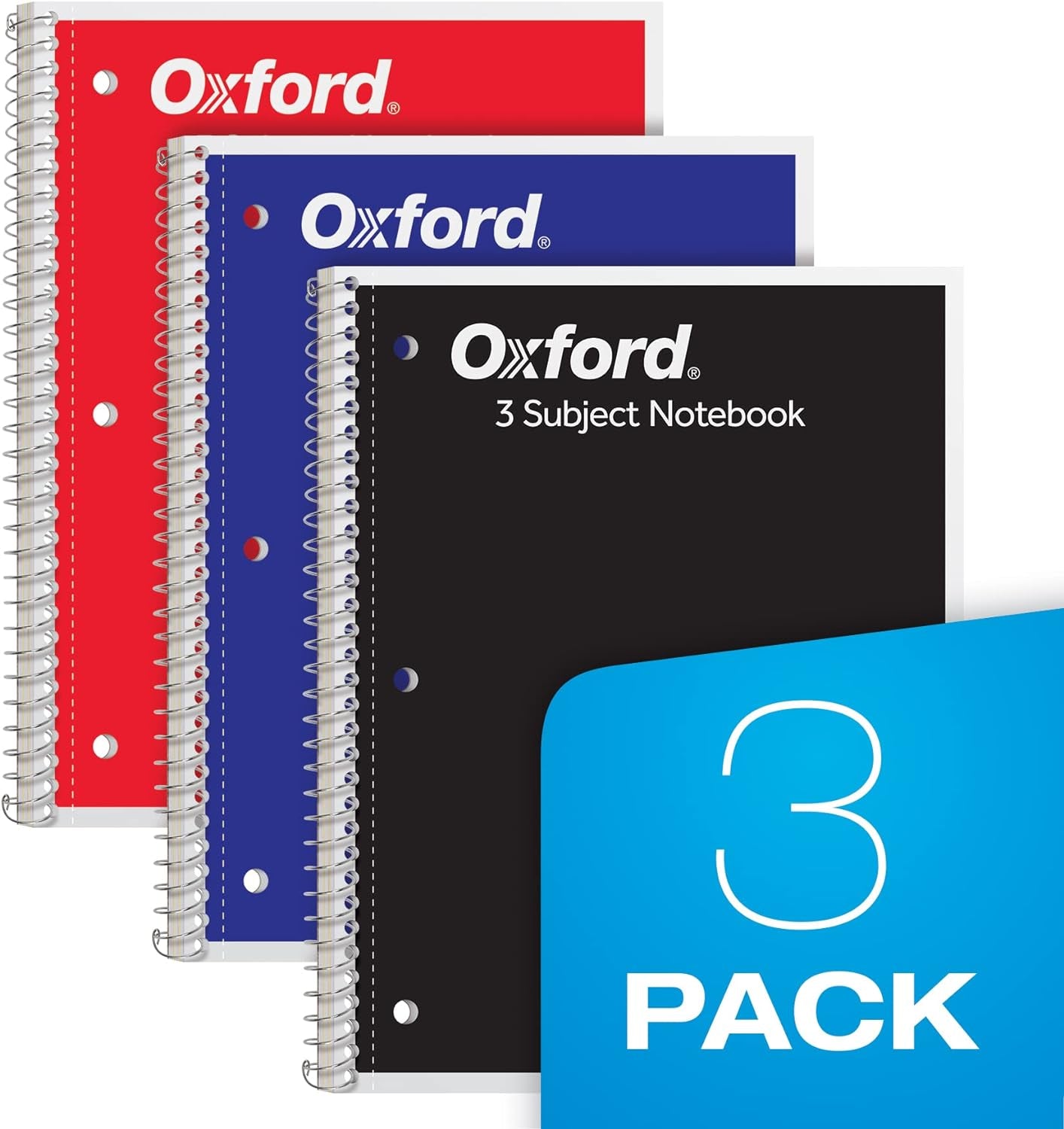 Spiral Notebook 3 Pack, 3 Subject, College Ruled Paper, 2 Dividers, 8 X 10-1/2 Inches, Black, Red, Blue, 120 Sheets (65202)
