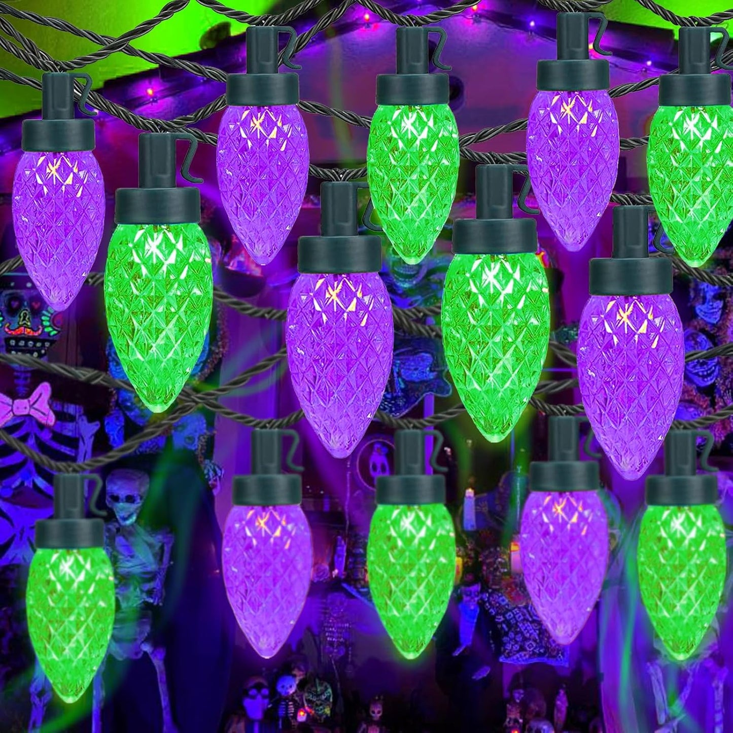 2PK 100 LED 98FT Purple and Green C9 Halloween Lights Waterproof Indoor Outdoor, Extendable Halloween String Lights Green Wire for outside Party Trees Fall Lights Garden Halloween Decorations