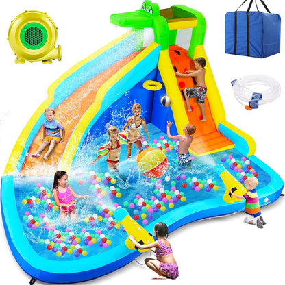 Inflatable Water Slide, 6 in 1 Outdoor Inflatable Water Park with Climbing, Basketball Rim, Splash Pool, Water Cannon, Blow up Water Slides for Kids Backyard