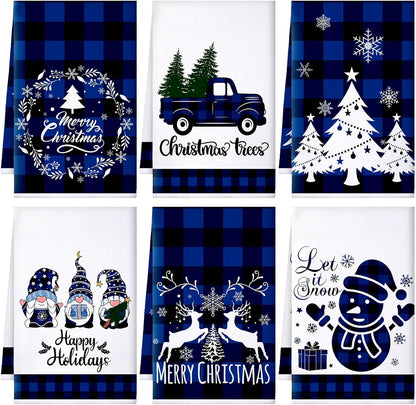 6 Pcs Christmas Kitchen Towels Buffalo Check Plaid Dish Towels Winter Truck Hand Towels Farmhouse Tea Towels Housewarming Gifts Christmas Decoration for Kitchen Holiday Xmas (Blue, Black)