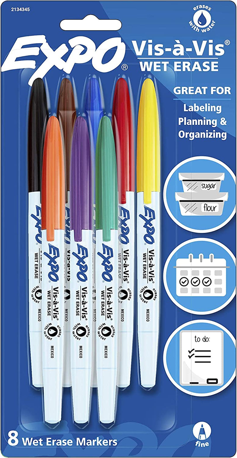 Vis-A-Vis Wet Erase Marker Set, Fine Tip, Assorted Colors, 8 Count