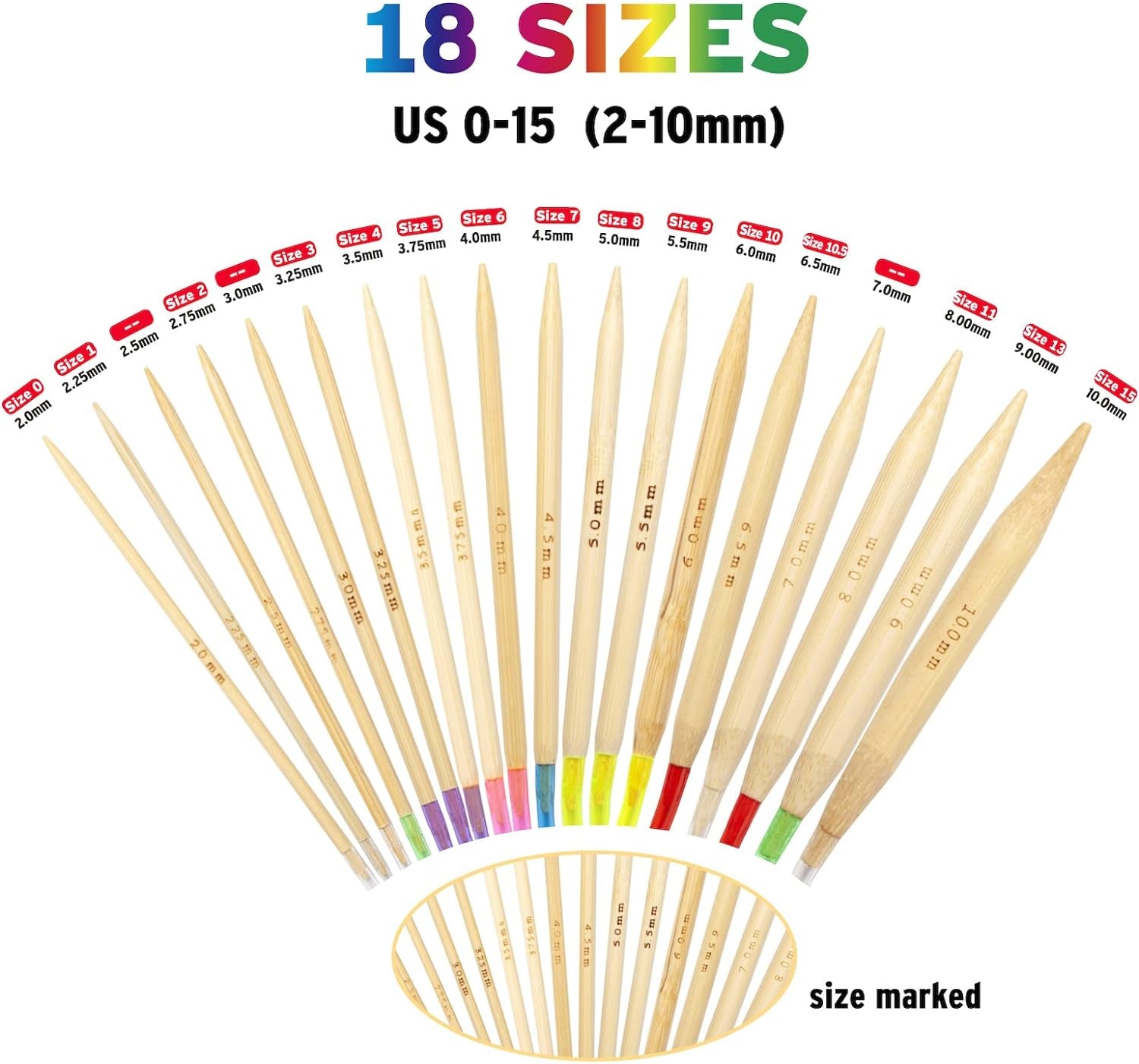 Bamboo Circular Knitting Needles 16 Inch for Beginners, 18 Pairs Wooden round Knitting Needles for Yarn with Colored Plastic Tube, 18 Sizes US 0-15 (2-10Mm), Double Pointed Flexible Knitting Needles