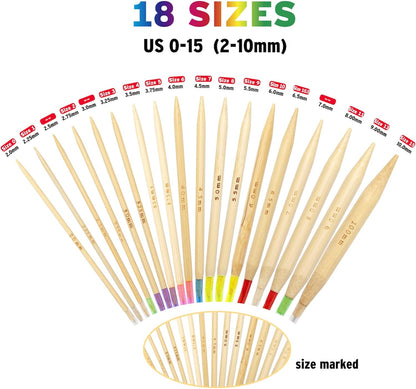 Bamboo Circular Knitting Needles 16 Inch for Beginners, 18 Pairs Wooden round Knitting Needles for Yarn with Colored Plastic Tube, 18 Sizes US 0-15 (2-10Mm), Double Pointed Flexible Knitting Needles