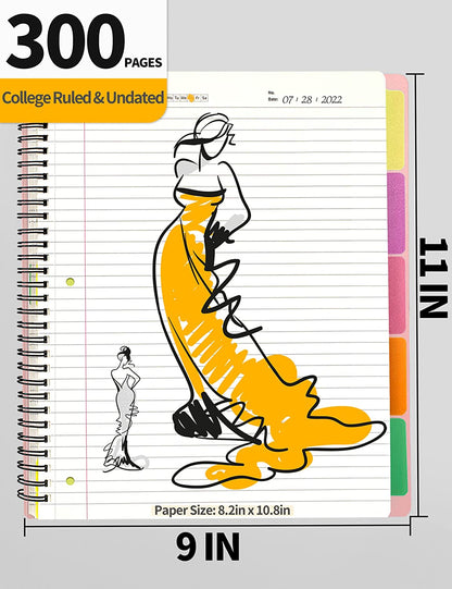 5 Subject Notebook College Ruled - 300 Pages, 8.2"X10.8", 5 Pocket Colored Dividers, 3-Hole Punched Paper, Pink