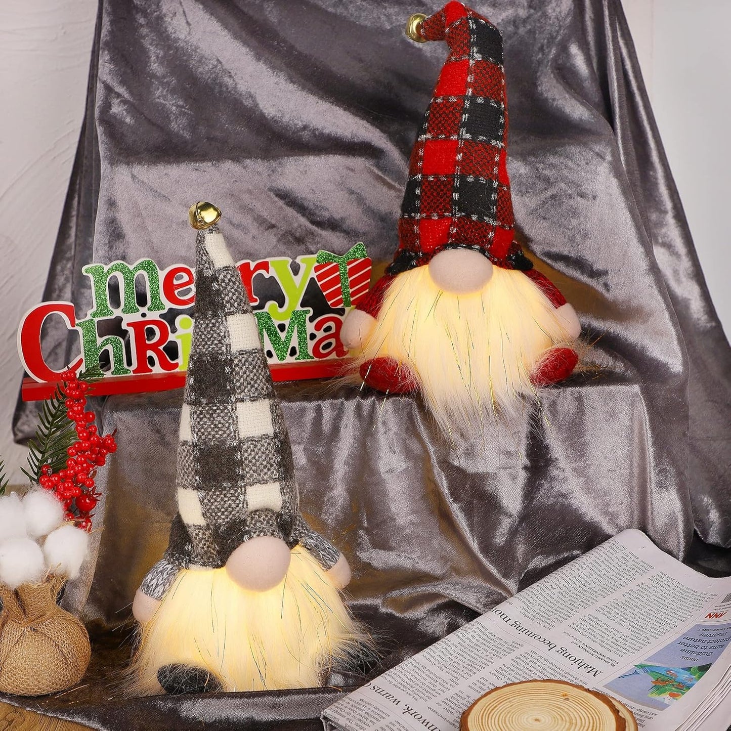 2 Pack Lighted Christmas Gnomes, 12 Inch Handmade Plush Scandinavian Swedish Tomte with Buffalo Plaid Hat, Light up Elf Toy Holiday Present, Battery Operated Xmas Gifts Winter Tabletop Decor