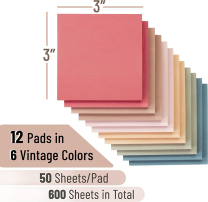 - Sticky Notes, 3”X3”, 12 Pads, Vintage Colors Sticky Notes, Sticky Note, Self-Stick Note Pads, Sticky Pads Sticky Notes Aesthetic, Colorful Sticky Notes, Sticky Notes Bulk Sticky Notes