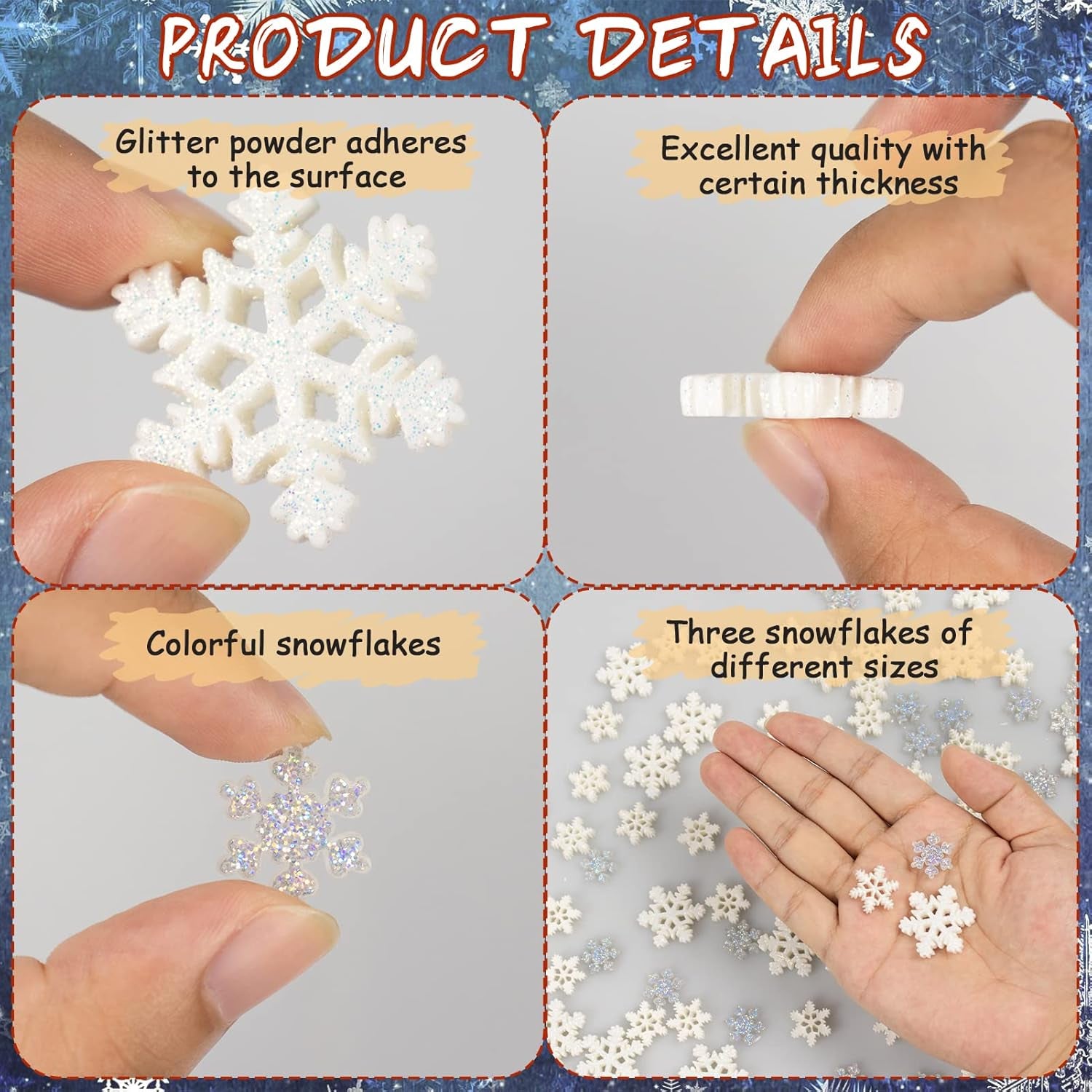 100Pcs Mini Snowflake Ornament Christmas Decorations- Glitter Resin White and Clear Snowflakes Christmas Craft Embellishment for DIY Craft Xmas Tree Winter Party Table Decor (3 Sizes)