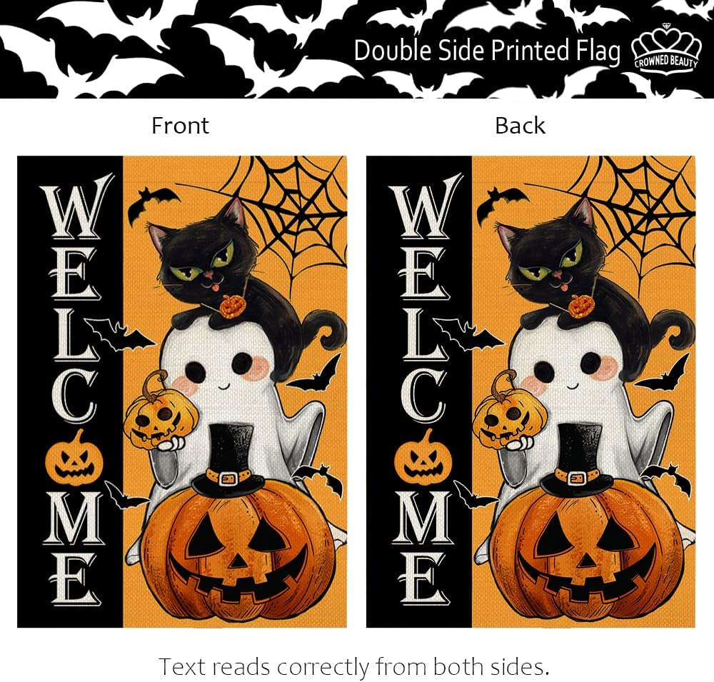 Halloween Garden Flag Cat Ghost Jack-O Lantern 12X18 Inch Double Sided for outside Small Holiday Yard Decoration