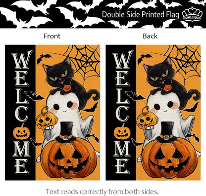 Halloween Garden Flag Cat Ghost Jack-O Lantern 12X18 Inch Double Sided for outside Small Holiday Yard Decoration