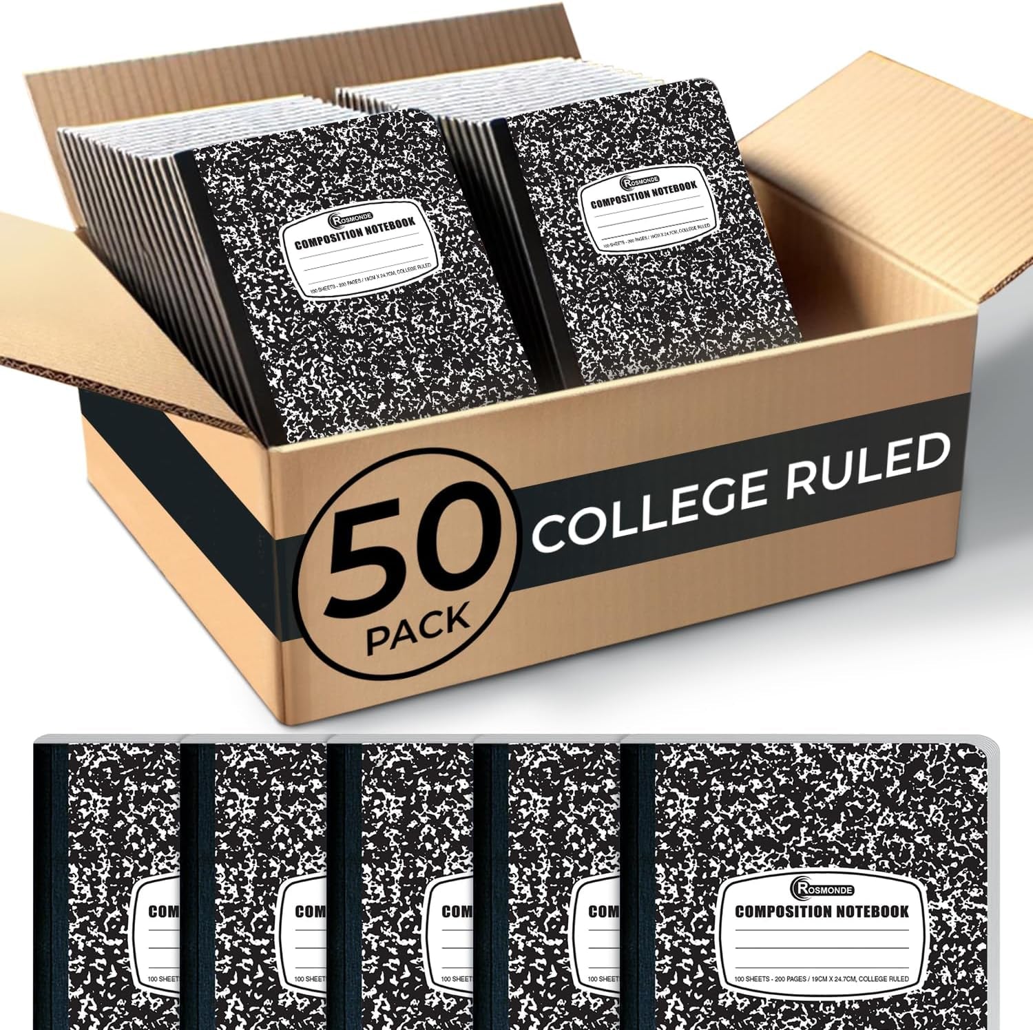 College Ruled Composition Notebooks 5 Pack, 200 Pages (100 Sheets), 9-3/4" X 7-1/2", White & Black Marble Composition Book, Hard Cover, Sturdy Sewn Binding, School, College & Office Supplies