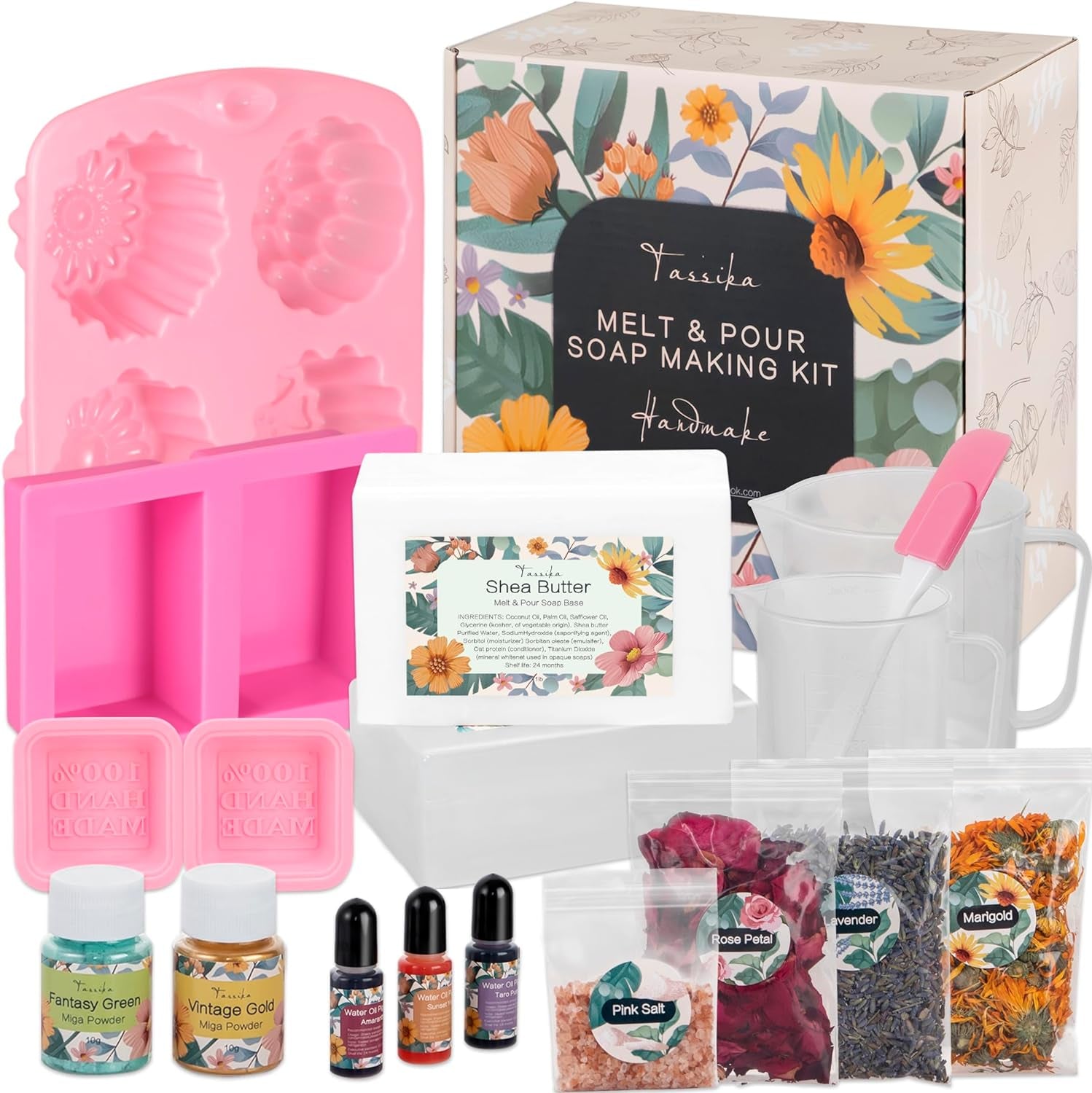 Handmade Soap Making Kit Supplies, DIY Melt & Pour Soap Making Kit for Adults: Includes 2Lbs Soap Base, Dried Flowers, Pigment, Silicon Mold, Measuring Cup, Personalized Handmade Soap Set Gift