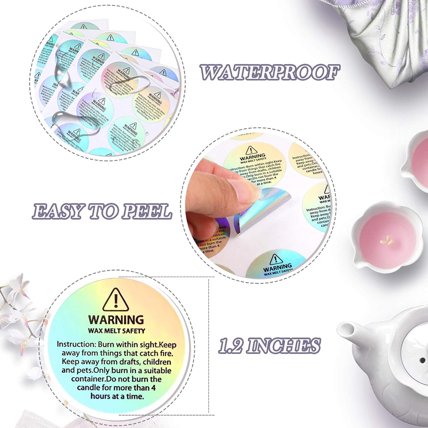 Holographic Candle Warning Labels Candle Jar Container Stickers Wax Melting Safety Stickers for Candle Jars Tins Containers Candle Making Supplies (240)