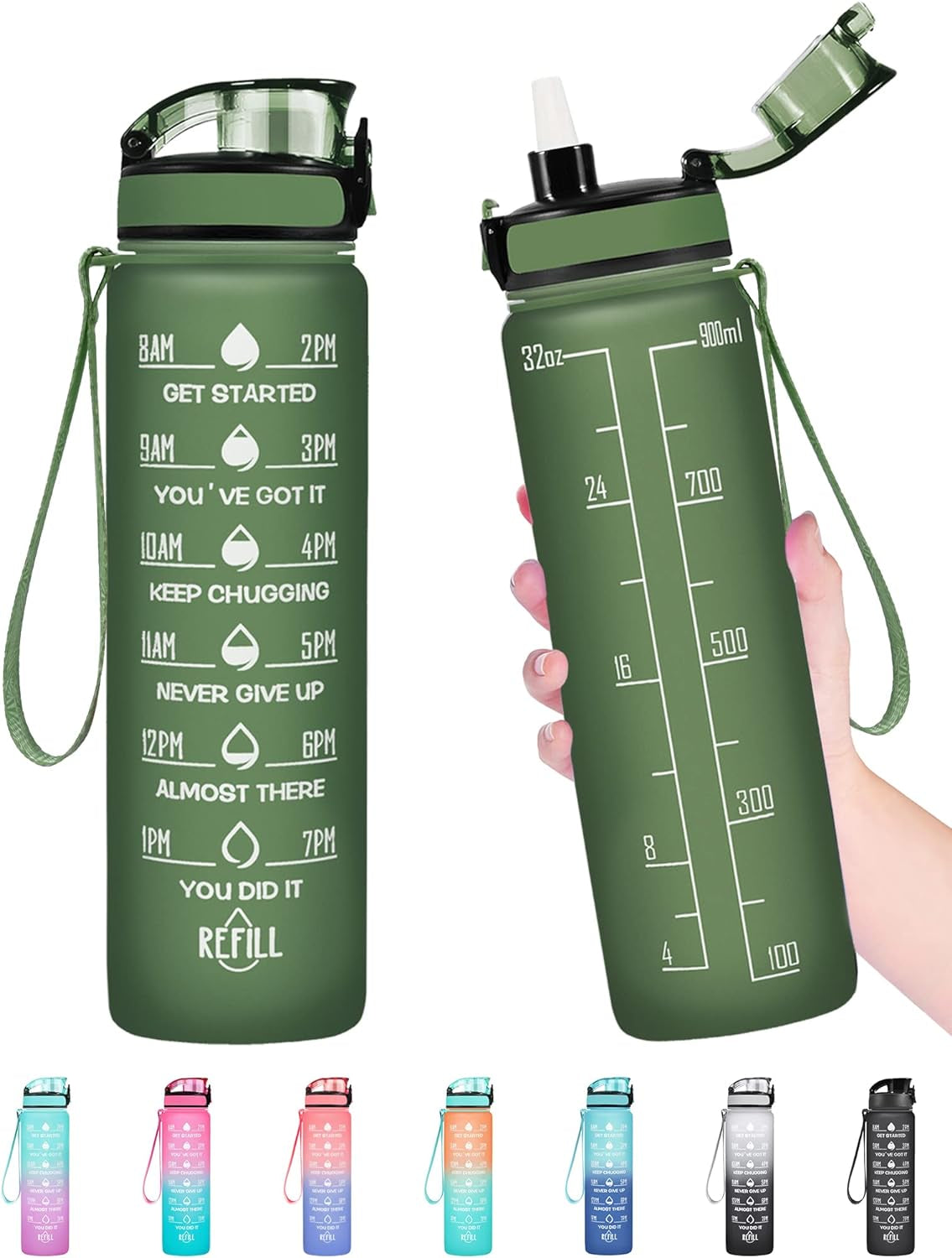 32 Oz Water Bottle, Leakproof BPA & Toxic Free, Motivational Water Bottle with Times to Drink and Straw, Fitness Sports Water Bottle with Strap for Office, Gym, Outdoor Sports, Gray-Black