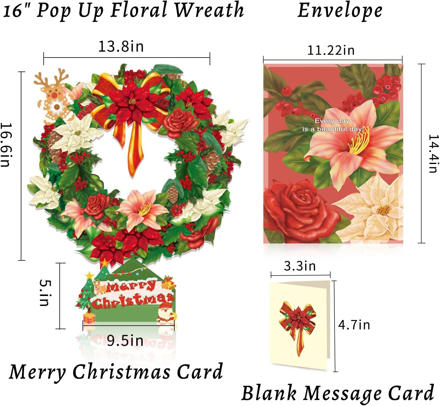 16 Inch  Paper Pop up Christmas Wreath, Gift Cards, Greeting Cards, Flower Cards, 3D Winter Joy Floral Wreath, Life Sized Reusable Christmas Decoration for Xmas Party & Home Decor