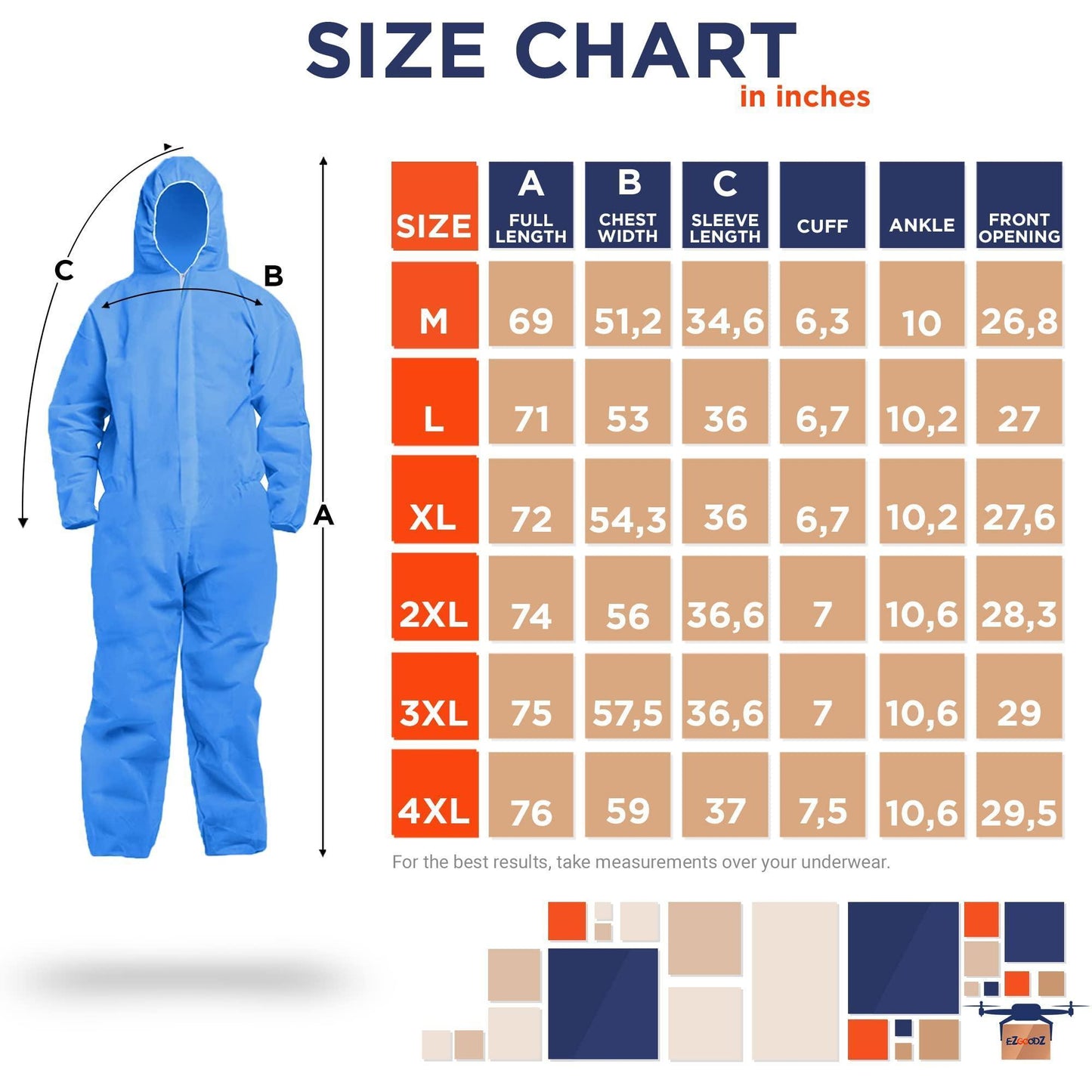 EZGOODZ Disposable Coveralls for Men Women Pack of 5 X Large Blue Hazmat Suits