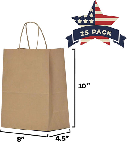 Kraft Paper Gift Bags with Handles - 8X4.5X10 25Pcs Brown Shopping Bags for Parties, Favors, Businesses