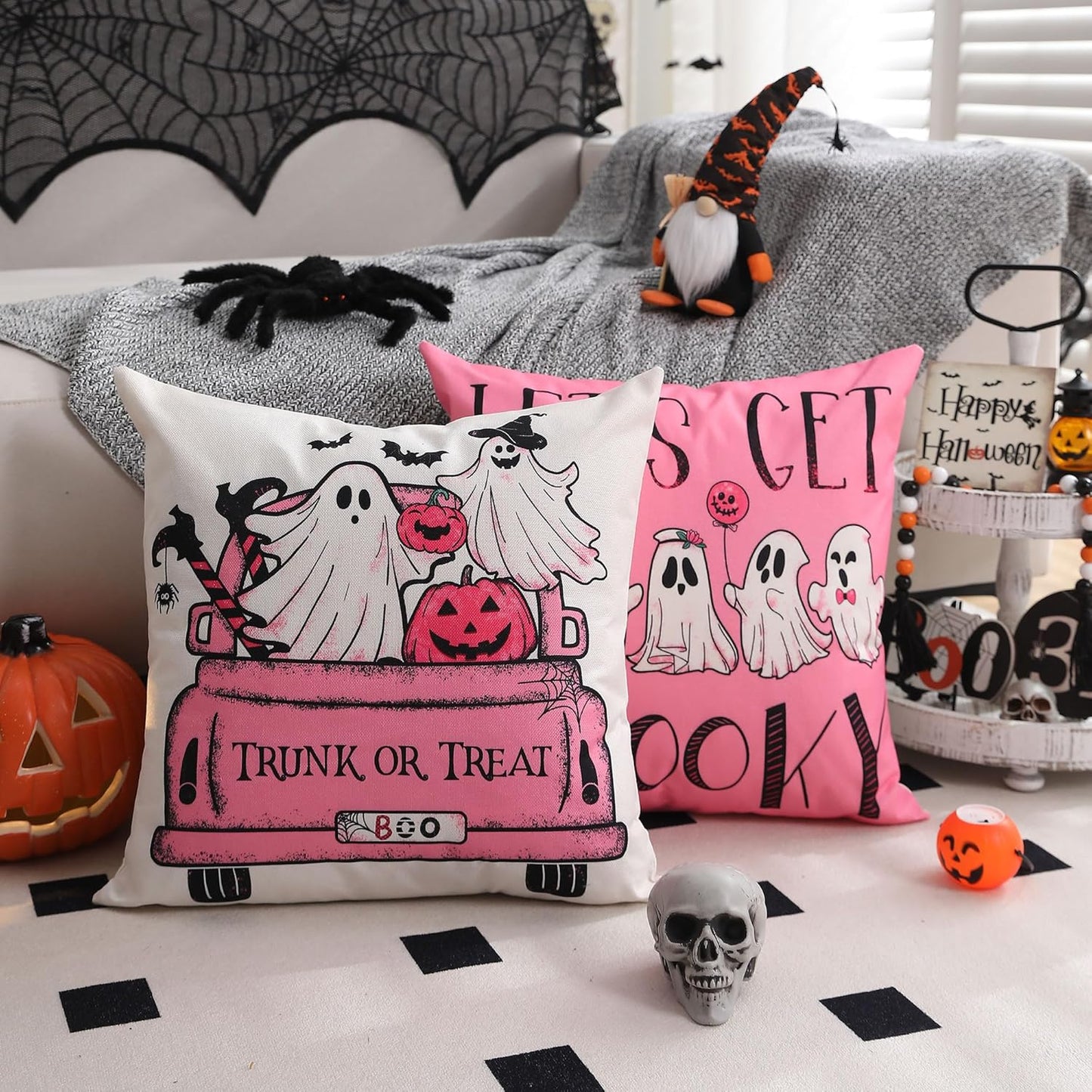 Halloween Pillow Covers 18X18 Inch Set of 4 Black and White Ghost Pumpkins Truck Decoration Pink Halloween Pillow Covers Decor for Sofa Bed Outdoor Car 094