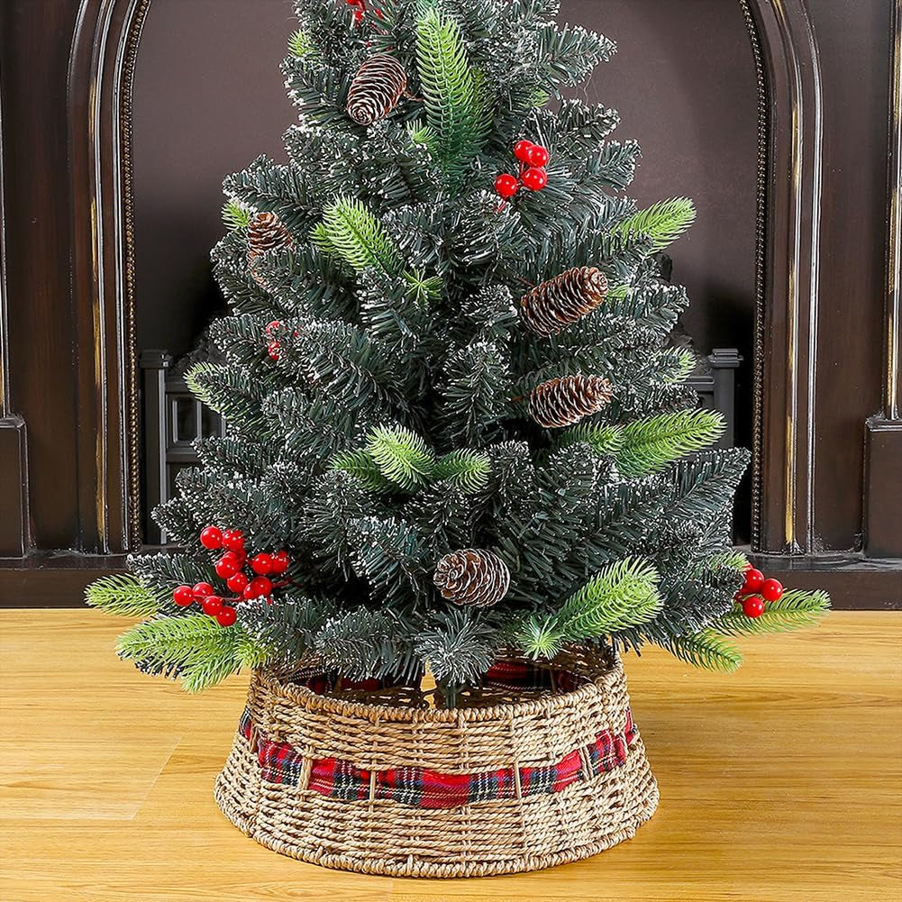 Farmhouse Christmas Tree Collar 12.6 Inch, Rustic Holiday Decoration, Natural Woven, Base Cover for Mini Christmas Tree